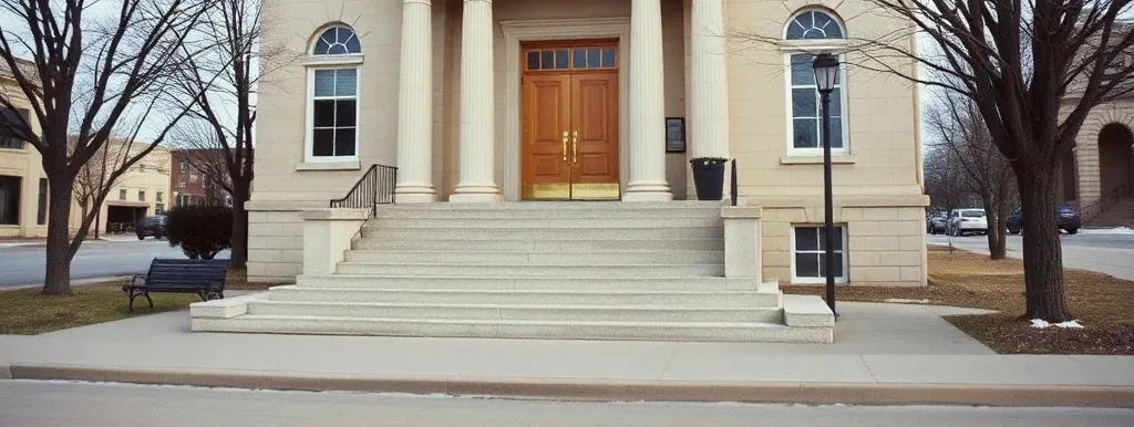 The limestone steps and columns of a small county courthouse entrance with an empty bench beside the walk