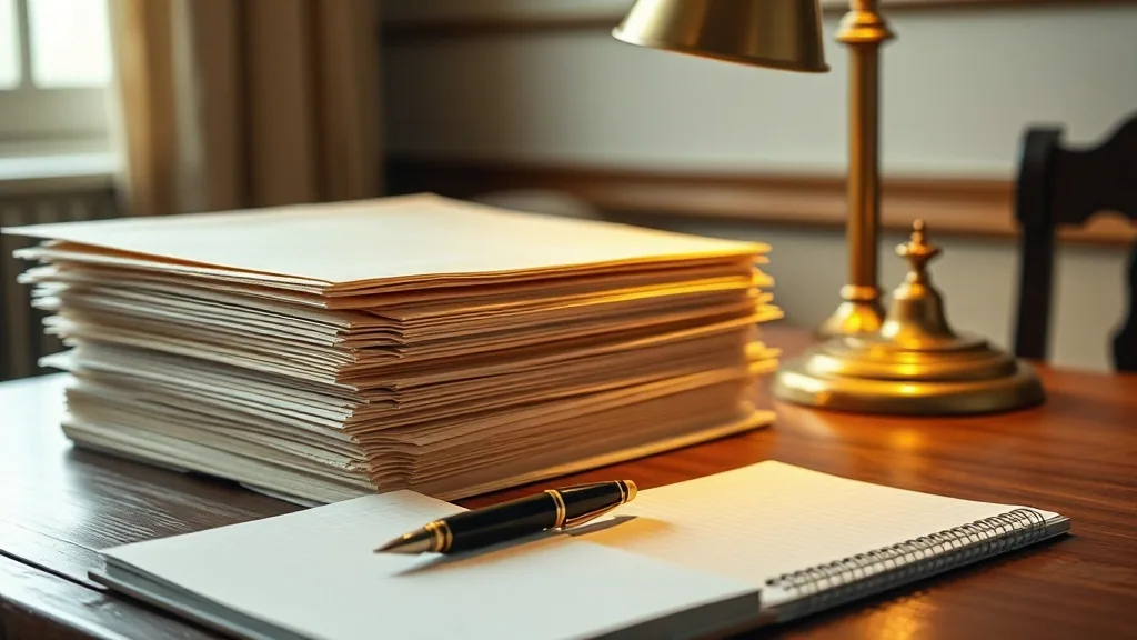 A thick stack of file papers and a fountain pen on a blank pad beside a brass desk lamp on a wooden desk