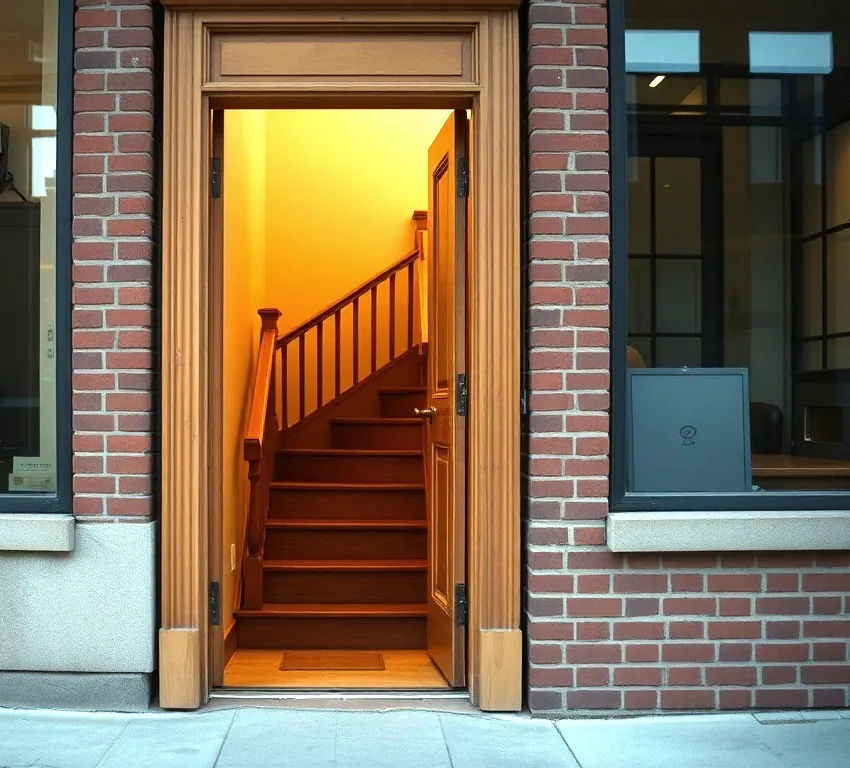 A plain wooden street door standing open between brick storefronts, showing a narrow wooden staircase climbing to the floor above