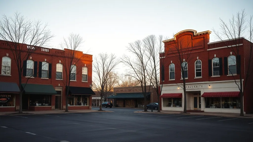 Two storey brick storefronts around a small town square in late afternoon light, angled parking and bare trees