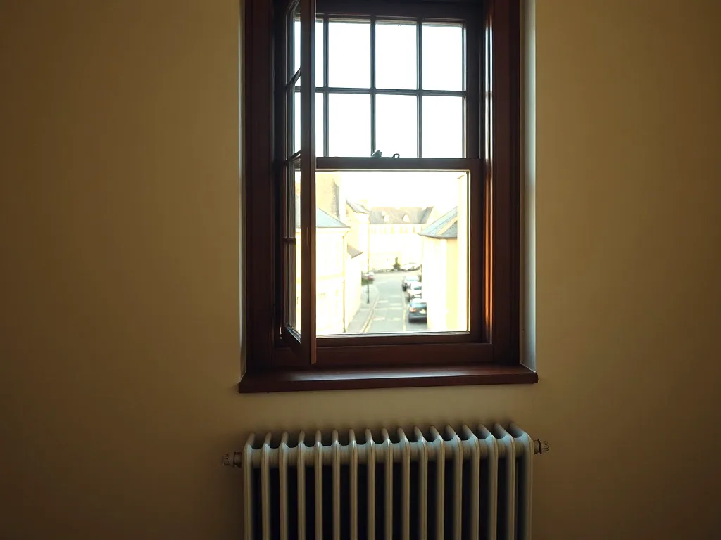 An upstairs sash window looking down onto a quiet street, a cast iron radiator under the sill